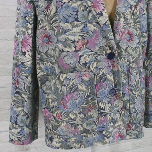VINTAGE Blazer Jacket Floral Tapestry Look Woven Muted Woven Office Blue Medium - Picture 2 of 11